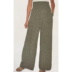 Three Dots Sage Green Ditzy Leaf Print High Rise Wide Leg Palazzo Pants Size XL